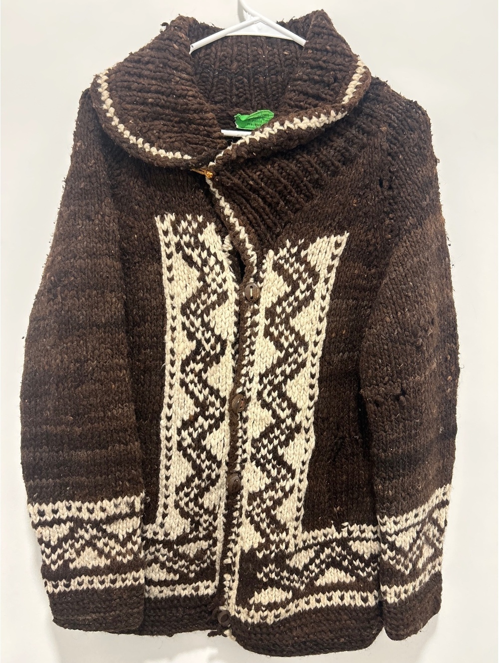 Vintage Hand Knit Wool Shawl Collar Cardigan Sweater from Ecuador